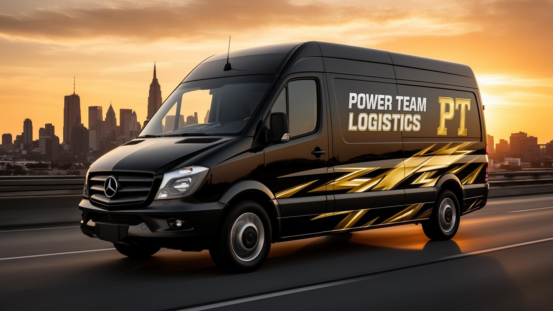 Power Team Logistics cargo van on the highway at sunset